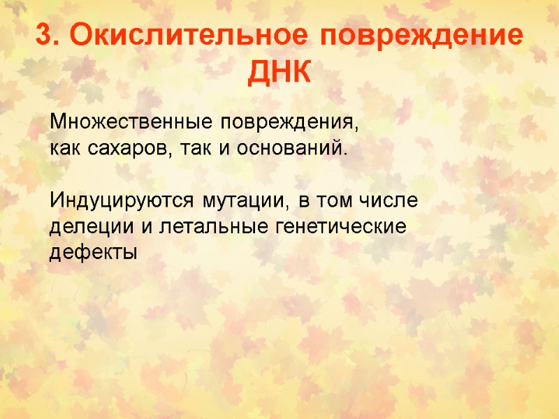 3. Окислительное повреждение ДНК Множественные повреждения,  как сахаров, так и оснований.  Индуцируются